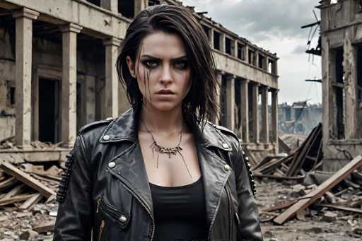 In this striking image, a young woman stands amidst the ruins of a once grand building, now reduced to rubble. The backdrop reveals a sky filled with dark, ominous clouds, adding to the desolate atmosphere. The remnants of the structure include several pillars and a partially collapsed roof, with debris scattered across the ground. The woman, who appears to be in her early 20s, has long, dark hair and is dressed in a black leather jacket adorned with silver buttons. Underneath, she wears a black tank top, and around her neck is a distinctive necklace featuring a bat design. Her makeup is bold, with dark eyeshadow accentuating her eyes, and she gazes directly at the camera with a serious expression. The overall scene evokes a sense of post-apocalyptic survival, capturing a moment of quiet defiance amidst destruction.