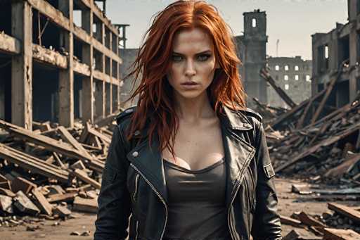 In this striking image, a young woman with vibrant red hair stands amidst the ruins of a devastated city. She is dressed in a black leather jacket adorned with silver buttons and a zipper, paired with a low-cut black tank top that reveals her cleavage. Her blue eyes are intense and focused, gazing directly at the camera, while her lips are slightly parted. The background is a chaotic scene of destruction, with buildings reduced to rubble and debris scattered across the ground. To her left, a partially standing structure with broken concrete and wooden beams hints at what was once a three-story building. On her right, more rubble and the remnants of another collapsed structure can be seen. The sky above is a muted gray, adding to the somber and desolate atmosphere of the scene.