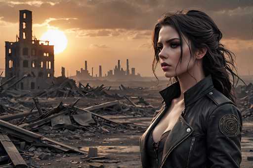 In this detailed digital artwork, a young woman with long, dark brown hair stands in the foreground, her head turned to the left. She is dressed in a black leather jacket adorned with a circular patch on the left shoulder, which features a design reminiscent of a compass or a futuristic symbol. Beneath the jacket, she wears a black corset, adding to her striking appearance. The background reveals a desolate, post-apocalyptic landscape with a city in ruins. To the left, a large, partially collapsed building stands amidst scattered debris, while the horizon is dotted with the silhouettes of other damaged structures. The sky above is filled with dark, ominous clouds, partially obscuring the sun, which casts a dim light over the scene. The overall atmosphere is one of desolation and decay, with the woman's presence providing a stark contrast to the surrounding devastation.