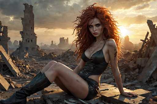 In this detailed and evocative image, a young woman with long, wavy red hair sits amidst the rubble of a destroyed city. She is dressed in a black leather corset and matching shorts, complemented by thigh-high black leather boots. Her attire is somewhat revealing, showing off her bare legs and arms. The woman's expression is one of sadness, as she gazes directly at the camera. Her left arm is propped up on a piece of debris, while her right arm rests on her knee. The background features a cloudy sky with the sun peeking through, casting a muted light over the scene. The surrounding area is filled with broken bricks, fallen wooden beams, and other remnants of the city's destruction, creating a stark contrast to the woman's striking appearance.