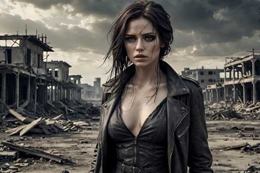 In this striking black-and-white photograph, a young woman stands amidst the ruins of a devastated city. The background reveals a landscape ravaged by destruction, with crumbling buildings and scattered debris painting a grim picture of chaos. The sky above is heavily overcast, casting a somber tone over the scene. 

The woman, positioned centrally in the frame, exudes a sense of resilience and defiance. She is dressed in a black leather jacket, left open to reveal a matching black leather corset that accentuates her figure. Her long, dark hair is tousled by the wind, with strands falling across her face, adding to the dynamic feel of the image. Her expression is one of intense focus, her eyes fixed directly on the camera, conveying a powerful sense of determination and strength in the face of adversity.