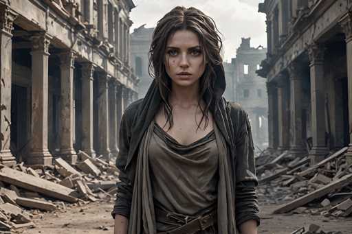 The image shows an actress standing in a dilapidated city street surrounded by rubble and debris. The actress is wearing a long-sleeved shirt and has dreadlocks covering her shoulders. She appears to be lost in thought or contemplation as she gazes into the distance.
