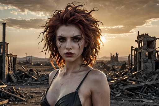 A woman with red hair and a black dress stands in front of a dilapidated building surrounded by rubble and debris. The setting sun casts an orange glow over the scene, creating a dramatic backdrop for her striking appearance.