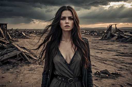 In this evocative image, a woman stands amidst the remnants of a devastated area, surrounded by scattered debris and wooden rubble. The sky above is dark and ominous, with a hint of sunlight piercing through the clouds on the right side, casting a somber glow over the scene. The woman, who has long brown hair that flows in the wind, is dressed in a black dress cinched with a black belt featuring a prominent gold buckle. She wears a black jacket over her dress, adding to her enigmatic presence. Her expression is one of deep contemplation, her mouth slightly open as she gazes into the distance. The overall atmosphere of the image is one of melancholy and desolation, accentuated by the muted colors and the widespread destruction that envelops her.