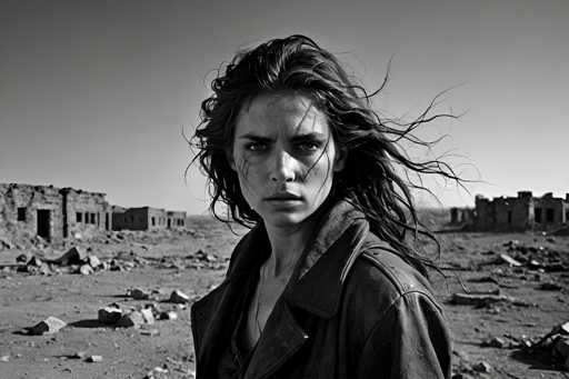 A woman with long dark hair stands alone in a barren desert landscape, wearing a black leather jacket and looking directly at the camera with an intense expression on her face.