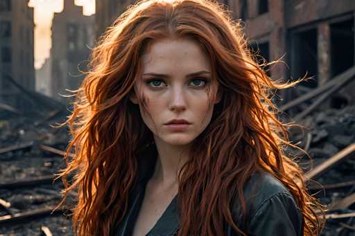 In this evocative image, a young woman with long, wavy red hair stands amidst the ruins of a devastated city. Her hair, illuminated by sunlight, cascades down to her chest, with some strands flowing behind her. She wears a black leather jacket, and her face is adorned with dirt smudges, particularly noticeable on her right cheek and under her left eye. Her blue eyes gaze directly at the camera, conveying a sense of resilience and determination. The background reveals a city in chaos, with buildings reduced to rubble, debris scattered across the ground, and a hint of sunlight piercing through the destruction. The overall scene is one of desolation and hope, capturing a moment of stark beauty amidst the ruins.