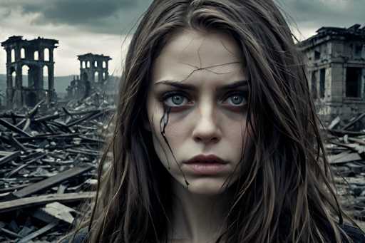In this haunting image, a young woman with long brown hair stands amidst the ruins of a once-thriving city. Her face is marred by what appears to be blood trickling from her left eye, though it could also be a dark substance resembling tar. Her expression is one of profound sadness, her lips slightly parted as she gazes directly into the camera. The background reveals a city in complete devastation, with buildings reduced to rubble and debris scattered everywhere. On the left side of the image, a solitary tower remains standing, while on the right, a two-story building is barely recognizable. The sky above is dark and foreboding, adding to the overall sense of desolation and despair. The scene powerfully evokes a post-apocalyptic atmosphere, leaving viewers to ponder the events that led to such destruction.