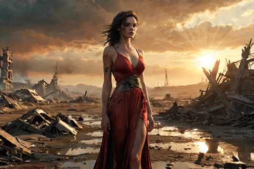 The image depicts a young woman standing in the middle of a desolate, post-apocalyptic landscape. She is wearing a striking red dress with a high slit on the right side, revealing her leg. The dress is held up by thin straps over her shoulders and cinched at the waist with a large, metallic belt. Her long, dark brown hair flows in the wind, and her face is adorned with a few black tattoos on her right arm. The woman's expression is serious as she gazes off into the distance.

Surrounding her are extensive piles of rubble and debris, including broken concrete, metal beams, and the remnants of buildings, suggesting a once-thriving city now reduced to ruins. The ground is littered with puddles of water, reflecting the dim light of the setting sun. The sky above is filled with dark, ominous clouds, but a break in the clouds on the right side allows sunlight to stream through, casting a dramatic glow over the scene. In the far distance, the silhouette of mountains can be seen, adding to the sense of isolation and desolation.
