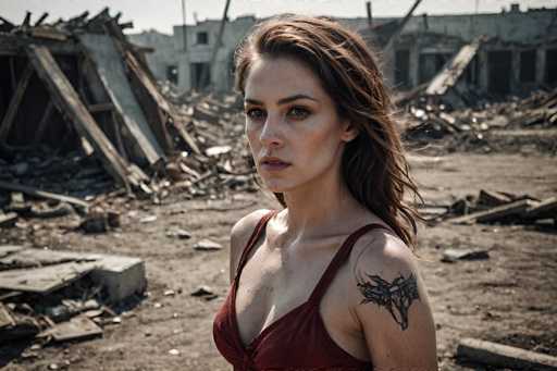 A woman stands in a desolate, post-apocalyptic landscape. She is wearing a red tank top and has long, wavy brown hair that is slightly windswept. Her expression is serious and she looks directly at the viewer with a focused gaze. She has a tattoo of a dragon on her left shoulder. The background is filled with rubble and debris, suggesting a scene of destruction. The overall color palette is muted, with shades of brown and gray dominating the image.