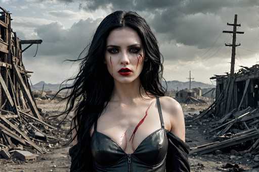 In this striking image, a woman stands amidst the ruins of a devastated city, her presence both haunting and captivating. She is dressed in a black leather bra with a zipper running down the center, and a long-sleeved shirt that has slipped off her left shoulder. Her long, black hair cascades down, framing her face, which is adorned with dramatic makeup. Her lips are painted a vivid red, and her eyes are accentuated with dark eyeshadow. Disturbingly, there are blood streaks running down her face, with one prominent line on her right cheek and another on her left, as well as a large cut on her left cheek. A long, red gash runs from her left eye down to her chest, adding to the scene's intensity. The background reveals a city in complete disarray, with broken wooden structures, scattered debris, and a dark, ominous sky filled with gray clouds. A lone telephone pole stands to her right, further emphasizing the desolation. The overall atmosphere is one of chaos and destruction, with the woman's striking appearance providing a stark contrast to the surrounding devastation.