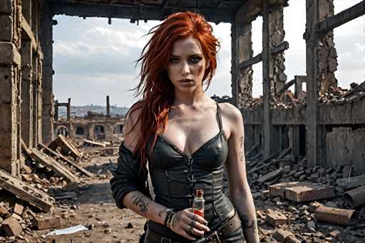 In this evocative image, a young woman with striking red hair stands amidst the ruins of a once-grand building. The structure, now in a state of decay, features a partially collapsed roof and crumbling walls, with debris scattered across the ground. The background reveals a clear blue sky dotted with clouds, adding a touch of serenity to the otherwise desolate scene.

The woman is dressed in a black leather corset top, which is low-cut, revealing her cleavage. She pairs this with a brown belt and black pants, exuding a rugged yet alluring appearance. Her right arm is adorned with tattoos, and she wears a black leather sleeve on her right forearm. On her left hand, she sports several rings, adding to her distinctive style. In her left hand, she holds a clear glass bottle with a red label, the contents of which are not visible.

Her makeup is bold, with black eyeliner accentuating her eyes, and she gazes directly at the camera with a serious expression. The overall composition of the image captures a moment of quiet defiance and beauty amidst destruction, highlighting the woman's striking features and attire against the backdrop of ruin.