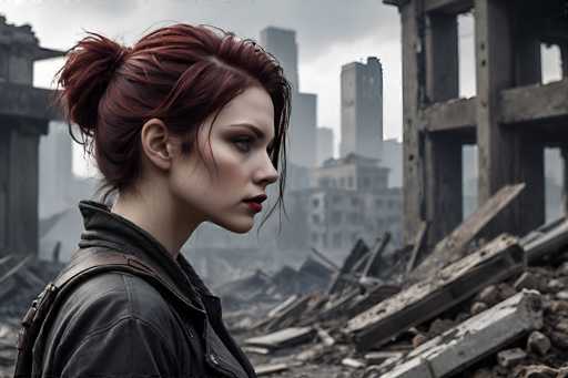 In this striking image, a young woman with vibrant red hair styled in a bun stands amidst the rubble of a destroyed city. She is positioned on the left side of the frame, her profile facing right, revealing her fair skin, blue eyes, and bold red lipstick. She wears a black leather jacket with a strap over her shoulder, possibly holding a gun. The background is dominated by a cloudy, gray sky and the remnants of buildings reduced to piles of debris and broken concrete. The scene is chaotic, with twisted metal and scattered bricks, yet the woman's composed stance contrasts sharply with the surrounding devastation. The overall atmosphere is one of desolation and destruction, capturing a moment of quiet resilience amidst the chaos.