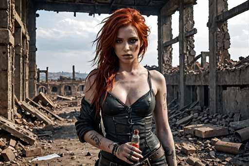 A woman with red hair and tattoos stands in a dilapidated building, holding a bottle of alcohol.