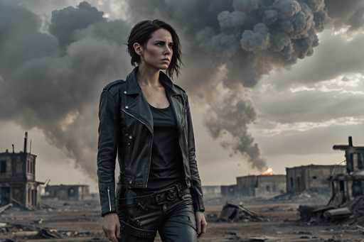 A woman wearing a black leather jacket and pants stands in front of a large explosion, with smoke billowing from the ground behind her.