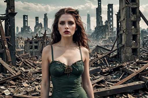 In this striking image, a young woman with long, wavy brown hair stands amidst the rubble of a devastated city. She is dressed in a dark green, sleeveless corset adorned with a rose on the front, and her makeup is meticulously applied, featuring dark eyeshadow, red lipstick, and blush on her cheeks. Her expression is one of shock and disbelief as she gazes directly at the camera. The background reveals a city in ruins, with tall buildings reduced to piles of steel beams, wood, and concrete debris. The sky above is a mix of blue and white clouds, adding a somber tone to the scene. The overall atmosphere is one of destruction and chaos, with the woman's elegant attire contrasting sharply against the backdrop of devastation.