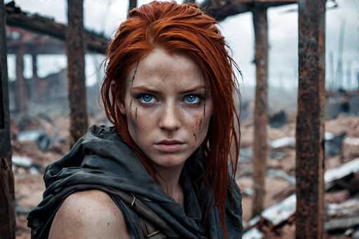 In this striking image, a young woman with vibrant red hair stands amidst the ruins of a once-robust building. The structure, now in a state of decay, features large, rusted metal beams that hint at its former grandeur. The ground is littered with debris, including broken bricks and scattered metal fragments, painting a vivid picture of destruction.

The woman, positioned centrally in the frame, exudes a sense of resilience. Her hair, slicked back and slightly wet, suggests recent exposure to the elements. She wears a sleeveless top, revealing her bare shoulders, and a gray scarf is draped around her neck. Her face is marked by streaks of dirt, adding to the gritty atmosphere of the scene. Her piercing blue eyes, framed by dark eyeliner, gaze directly into the camera, conveying a powerful and determined expression. The overall composition captures a moment of stark beauty amidst chaos, highlighting the woman's strength in the face of adversity.
