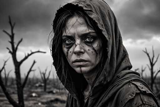 In this haunting black-and-white photograph, a young woman stands in the foreground, her appearance suggesting she has endured significant hardship. She is clad in a tattered, hooded cloak that is heavily worn, with numerous holes and rips marring its fabric. Her long, dark hair is disheveled, with strands falling over her face and partially obscuring her piercing eyes. Her skin is pale, marred by black streaks that run from her eyes down her cheeks, neck, and chin, giving her a zombie-like appearance. Her lips are chapped and cracked, adding to her emaciated and distressed look. The background reveals a bleak, desolate landscape with barren, leafless trees stretching into the distance, under a sky thick with ominous gray clouds. The overall atmosphere is one of despair and desolation, evoking a sense of survival amidst chaos.
