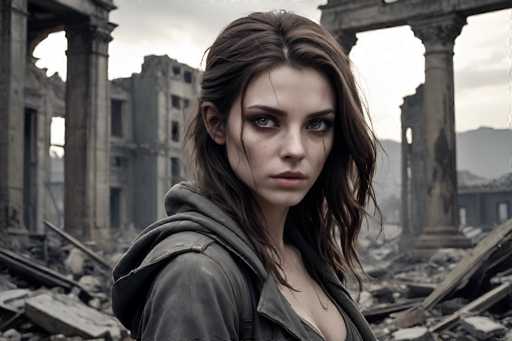 In this evocative image, a young woman stands amidst the ruins of a once-grand building, now reduced to rubble. The backdrop reveals a sky painted in shades of gray, with clouds that hint at an impending storm. The remnants of the structure include a few standing pillars and a partially collapsed roof, with debris scattered across the ground. The woman, positioned centrally in the frame, has long brown hair cascading down her shoulders. Her striking gray eyes are accentuated by dark eyeliner, and her lips are painted a soft pink. She is dressed in a gray hoodie, which appears to be dusted with white particles, possibly ash. Around her neck, she wears a necklace, adding a subtle touch of elegance to her otherwise rugged appearance. The overall scene captures a poignant moment of solitude and resilience amidst the aftermath of destruction.