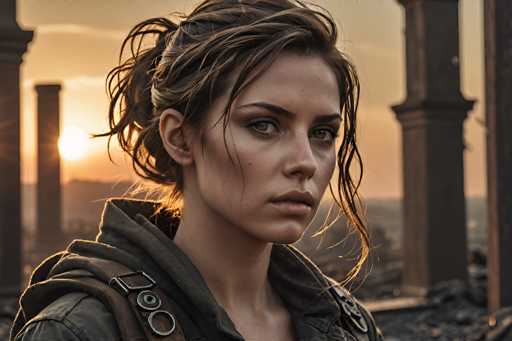 In this evocative image, a young woman with light brown hair, styled in a messy bun with loose strands framing her face, stands against a backdrop of ancient stone columns. Her hair appears damp, suggesting recent rain, and her light brown eyes are accentuated by subtle makeup. She wears a dark gray jacket with a hood, adorned with straps and buckles on the shoulders, hinting at a rugged, possibly post-apocalyptic setting. The scene is bathed in the warm, golden light of a setting sun, casting a dramatic glow over the landscape. The sky is a blend of orange and gray hues, with clouds adding depth to the twilight atmosphere. The woman's expression is serious, her gaze directed slightly off-camera, contributing to the image's mysterious and somber mood.