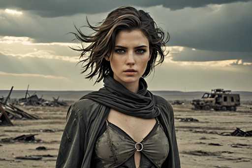 A woman with short brown hair and a black scarf stands in a desert landscape under an overcast sky. She is dressed in a gray outfit that contrasts with the barren surroundings. In the distance, there is a truck parked on the sand, adding to the desolate atmosphere of the scene.