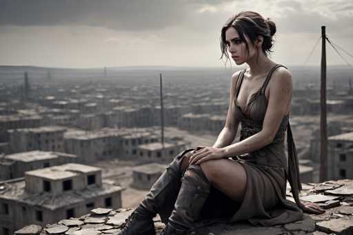 A woman is sitting on top of a building with her legs crossed and looking off into the distance. She is wearing a brown dress and boots. The cityscape behind her features several buildings in various states of disrepair, suggesting an urban environment that has seen better days.