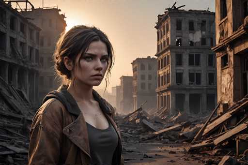 In this detailed and evocative image, a young woman stands amidst the ruins of a devastated city, her expression a mix of anger and sadness. She has dark brown hair pulled back into a bun, with a few loose strands framing her face. Her light blue eyes are intense, and her lips are painted a striking red. She is dressed in a brown leather jacket over a gray tank top, and her face is splattered with dirt, hinting at the harsh conditions she has endured. The background reveals a city in ruins, with crumbling buildings and scattered debris, including wooden planks and metal fragments. The sky above is a muted gray, with the sun faintly visible, casting a somber light over the scene. The overall atmosphere is one of desolation and struggle, capturing a moment of resilience amidst chaos.