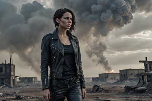 In this striking scene from the 2013 film "Elysium," actress Olivia Wilde stands amidst a devastated cityscape. The backdrop reveals a war-torn environment, with several buildings reduced to rubble and others engulfed in flames. Thick plumes of smoke billow ominously into the sky, adding to the chaotic atmosphere. Wilde, positioned centrally in the frame, exudes a sense of resilience and determination. Her short brown hair frames her face, which is set in a focused expression. She is dressed in a black leather jacket adorned with zippers, a black tank top, and matching black leather pants. A belt with multiple straps cinches her waist, and additional straps are visible on her thighs, hinting at a tactical or utilitarian design. Her hands rest by her sides, and she gazes intently to the right, seemingly surveying the destruction around her. The overall composition captures a moment of tension and anticipation, highlighting the film's dystopian setting.