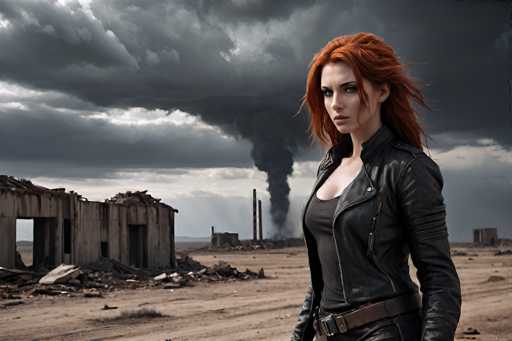 In this striking image, a woman with vibrant red hair stands confidently in a desolate, post-apocalyptic landscape. She is dressed in a black leather jacket, unzipped to reveal a black tank top underneath, and a brown belt that appears to have a gun holster attached. Her expression is serious, and she gazes directly at the camera, exuding a sense of strength and resilience. The background is dominated by a large, gray cloud of smoke rising from the remnants of a destroyed building, with debris scattered across the ground. The sky is filled with ominous gray clouds, adding to the bleak atmosphere. To the left of the woman, there is a dilapidated structure, possibly a house or a barn, with broken walls and a doorway, further emphasizing the scene's desolation. The overall mood of the image is one of survival amidst destruction, capturing a moment of quiet defiance in a world that has clearly undergone significant devastation.