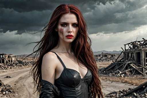 In this striking image, a woman with long, flowing red hair stands amidst the ruins of a war-torn city. She is dressed in a black leather corset with a zipper down the front, and her arms are adorned with matching leather sleeves. Her lips are painted a vivid red, and her eyes are accentuated with dark makeup, giving her a fierce and determined expression. Blood streaks down her face, adding to the intensity of the scene. The background reveals a desolate landscape with destroyed buildings and a dirt road stretching into the distance. Dark, ominous clouds loom overhead, casting a gloomy shadow over the entire scene. The woman's gaze is fixed directly at the camera, her expression a mix of defiance and resolve, as she stands as a lone figure amidst the chaos.