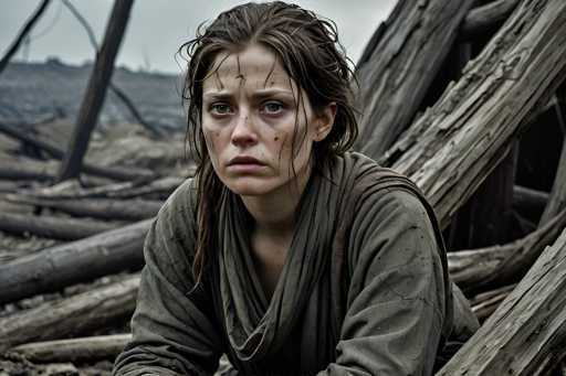A woman with long brown hair is sitting on a pile of logs and debris in an outdoor setting. She has tears streaming down her face as she looks directly at the camera.