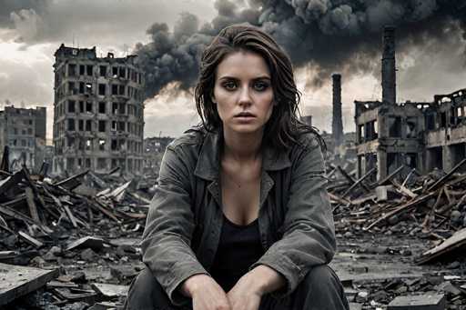 In this striking image, a young woman with long brown hair and brown eyes sits amidst the ruins of a devastated city. She is dressed in a black tank top layered under a grayish-green jacket, paired with dark pants. Her expression is one of deep concern as she gazes directly at the camera. Surrounding her are the remnants of bombed-out buildings, with debris and rubble scattered across the ground. Thick, dark smoke billows from several chimneys, adding to the somber atmosphere. The sky above is a foreboding gray, with no sunlight piercing through the clouds, enhancing the overall mood of destruction and despair. The image captures the stark contrast between the woman's calm demeanor and the chaotic, war-torn environment around her.