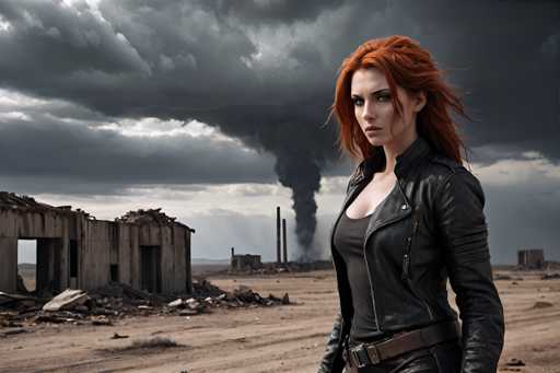 A woman with red hair and a leather jacket stands in front of a dilapidated building on a desert plain under a dark sky filled with smoke from a nearby volcano.