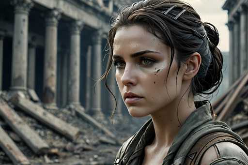 In this detailed image, a young woman with brown hair styled in a bun is depicted in a side profile, facing left. She has a noticeable cut on her left cheek and is wearing a gray shirt with a brown strap over her left shoulder. The background reveals a scene of destruction, with a partially collapsed building featuring large stone columns and debris scattered around. The sky above is a light gray, adding to the somber atmosphere. The woman's expression is one of concern, and she appears to be gazing at something off to the left. The overall setting suggests a post-apocalyptic or war-torn environment.