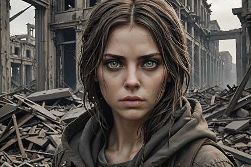 In this detailed digital artwork, a young woman with long, slightly wet brown hair and striking blue eyes stands amidst the ruins of a once-thriving city. She is dressed in a gray hoodie, her expression one of solemnity as she gazes directly at the viewer. The background reveals a city in complete devastation, with buildings reduced to rubble and debris scattered everywhere. The sky above is overcast, casting a somber tone over the scene. The image captures the stark contrast between the woman's resilience and the widespread destruction surrounding her, evoking a sense of hope amidst chaos.