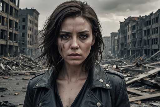 The image shows an actress standing in a war-torn cityscape with buildings and debris surrounding her. The actress is wearing a black leather jacket and has dark hair that falls over her shoulders. She is looking directly at the camera with a serious expression on her face.