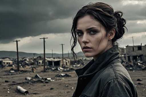 In this evocative scene from the 2013 film "Elysium," actress Alice Braga stands amidst the ruins of a devastated city. The backdrop reveals a landscape ravaged by destruction, with crumbling buildings and scattered debris painting a grim picture of chaos. The sky above is heavy with dark, ominous clouds, adding to the overall sense of desolation. Braga, positioned on the right side of the frame, is captured in a three-quarter profile, her gaze directed slightly to the right. Her dark hair is pulled back into a bun, with a few loose strands framing her face. She wears a black leather jacket, its collar turned up and speckled with dirt, mirroring the grime that covers her hands and face. Her expression is one of deep concern, her lips slightly parted as she gazes into the distance, embodying the film's themes of struggle and survival in a post-apocalyptic world.