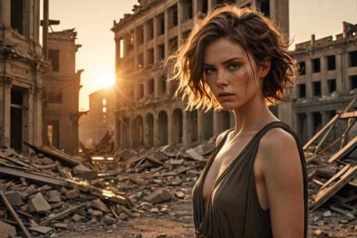 A woman with short brown hair is standing in a war-torn city at sunset. She is wearing a black dress and her gaze is directed off to the side. The buildings around her are in ruins, with rubble scattered about.