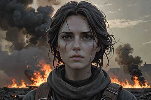 The image depicts a young woman, likely in her 20s, with short, dark hair that appears wet and is falling over her face. She has hazel eyes and a serious expression, with her mouth slightly open. Blood trickles down from a wound on her right cheek, extending from her eye to her chin, and another cut is visible on her forehead. She is dressed in a dark gray or black outfit, including a scarf around her neck and a jacket with brown leather straps over her shoulders, suggesting she might be carrying a backpack. The background is chaotic, filled with smoke and flames rising from what seems to be a city under attack. Buildings are visible amidst the destruction, and the sky is dark and cloudy, adding to the overall sense of devastation.