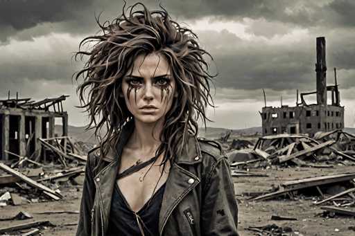 In this haunting image, a young woman stands amidst the ruins of a once-thriving city, now reduced to a desolate landscape of broken buildings and scattered debris. The sky above is ominously dark, filled with thick, foreboding clouds that add to the overall sense of desolation. The woman, who appears to be in her early 20s, has long, wild brown hair that cascades down her shoulders, framing her face. Her eyes are a striking green, but it's the black streaks running down her cheeks that catch the eye, possibly remnants of war paint or ash from the surrounding destruction. She is dressed in a black leather jacket over a black shirt, with a strap slung over her shoulder, hinting at a possible story of survival. The background reveals the skeletal remains of buildings, with some structures reduced to mere walls and others completely collapsed, their roofs caved in. The ground is littered with broken bricks, metal beams, and other remnants of the city's former glory. Amidst the ruins, a lone tree stands as a silent witness to the chaos. The entire scene is shrouded in a somber, grayish tone, enhancing the eerie and bleak atmosphere of this war-torn landscape.
