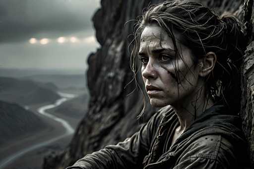 In this evocative scene from the 2013 film "Elysium," actress Olivia Thirlby is captured in a moment of intense contemplation. She is positioned on the right side of the frame, leaning against a rugged, rocky surface that extends from the top right corner down to the bottom right. Her long brown hair is pulled back into a ponytail, with strands cascading down the sides of her face, adding to her disheveled appearance. Her face is smudged with dirt, and a streak of grime runs from her left eye down to her cheek, emphasizing the harsh conditions she endures. Thirlby's expression is one of deep concern, her lips slightly parted as she gazes off to the left. She is dressed in a long-sleeved shirt, with her right arm resting on her knee, though the rest of her body is out of the frame. The background features a dark, cloudy sky, with four lights cutting through the gloom near the top left corner. Below, a winding river snakes its way from the bottom left corner, curving up and to the right, flanked by distant mountains that complete the somber and gritty atmosphere of the scene.