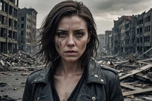 In this haunting scene from the 2013 film "Elysium," actress Olivia Thirlby stands amidst the ruins of a devastated city. The backdrop reveals a landscape ravaged by destruction, with crumbling buildings and scattered debris painting a grim picture of chaos and devastation. Thirlby, positioned centrally in the frame, exudes a palpable sense of despair and exhaustion. Her shoulder-length brown hair is disheveled, and her light blue eyes are clouded with fatigue. A streak of dirt runs down her left cheek, and her pale complexion is marred by additional dirt spots, underscoring the harsh conditions she endures. She is dressed in a black leather jacket, its collar adorned with metal studs, adding a touch of ruggedness to her appearance. The overall atmosphere of the image is one of desolation and struggle, capturing a moment of intense emotional and physical turmoil.