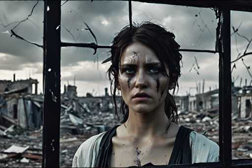In this haunting scene from the 2013 film "The Last of Us," we see a young woman portrayed by Bella Ramsey. She stands in front of a shattered window, her face etched with a profound sense of despair. Her eyes are wide open, filled with unshed tears that streak down her cheeks, mingling with dirt and blood. Her hair is disheveled, pulled back into a loose bun, with strands framing her face and trailing down her neck. She wears a white shirt, now stained and torn, with black straps—possibly from a backpack—slung over her shoulders. The window behind her is broken, with jagged shards of glass and exposed metal bars adding to the desolate atmosphere. Beyond the window, the world is a wasteland of rubble and destruction, with crumbling buildings and debris scattered across the ground. The sky above is a somber gray, heavy with clouds, reflecting the bleakness of her surroundings. This poignant image captures the essence of survival and the overwhelming weight of loss in a post-apocalyptic world.