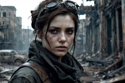 The image shows a woman with long brown hair wearing goggles and a leather jacket. She is standing in front of a dilapidated building that appears to be in ruins. The background features an overcast sky and debris scattered around the area.