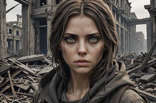 The image shows a close-up portrait of an actress with long brown hair and striking green eyes. She is wearing a hoodie over her head, suggesting she might be in a post-apocalyptic setting or a war zone. The background reveals the destruction caused by human activity, including rubble and debris scattered throughout the scene.