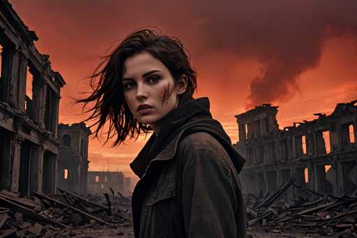A woman stands amidst the ruins of a destroyed city, her face illuminated by a dramatic, reddish-orange sky. She is wearing a dark jacket and has windswept, dark hair that frames her face. Her expression is intense and focused, with a slight scar visible on her cheek. The background shows crumbling buildings and debris, suggesting a post-apocalyptic setting. The overall mood is one of resilience and determination in the face of devastation.