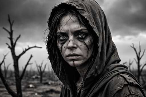 The image is a black and white photograph featuring a woman with long hair wearing a hooded garment. The woman's face is partially obscured by the hood of her jacket, giving it an air of mystery. Her eyes are filled with tears, adding to the somber mood of the scene. The background consists of trees and bushes, suggesting that she might be in a forest or a natural setting.