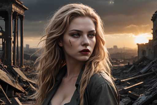 In this striking image, a young woman with long, wavy blonde hair stands amidst the ruins of a once-grand building. Her piercing blue eyes gaze intently to the right, while her slightly parted lips reveal a hint of red lipstick. A noticeable scar runs from her right eye down to her cheek, adding a layer of resilience to her appearance. She is dressed in a dark green, open-collared shirt that reveals a glimpse of her cleavage. The background is dominated by the remnants of the structure, with broken columns and debris scattered around. To the left, a partially collapsed column stands, while to the right, more rubble and a damaged wall are visible. The sky above is dark and ominous, with the sun peeking through the clouds on the right side, casting a muted light over the scene.