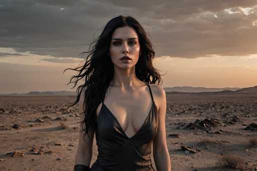 A woman with long dark hair is standing in a desert landscape at sunset. She is wearing a black dress and her gaze is directed straight at the camera. The sky above her is filled with clouds, casting an orange glow over the scene.