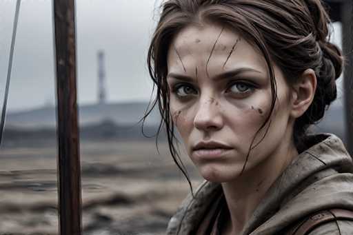 In this evocative scene from the 2015 film "The Revenant," actress Tom Hardy is captured in a moment of intense focus. She stands in a desolate, barren landscape, her surroundings stark and unforgiving. The background is blurred, emphasizing the isolation of her character amidst the harsh wilderness. Tom Hardy's appearance is rugged and weathered, with her face marked by deep scratches and dirt, suggesting a recent struggle or battle. Her hair is pulled back into a bun, with a few strands escape, framing her face and adding to the raw, untamed look. She wears a tattered gray hooded jacket, further accentuating the gritty, survivalist atmosphere of the scene. The overall composition powerfully conveys the struggle and resilience of her character in the unforgiving world of "The Revenant."