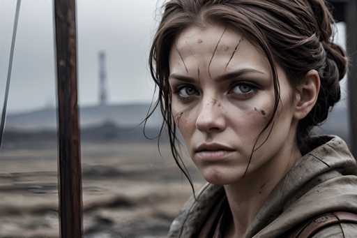 The image shows an actress with a serious expression on her face. She is wearing a brown jacket and has dark hair styled in braids. The background of the image features a cloudy sky and a tower in the distance.
